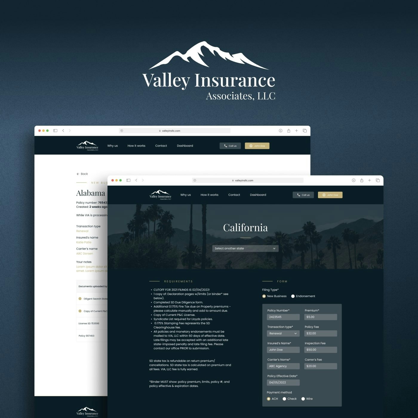 UIs of a website for an insurance company